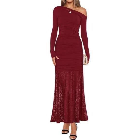 Women's Long Sleeve Off Shoulder Maxi Dress Red - Picture 1 of 6
